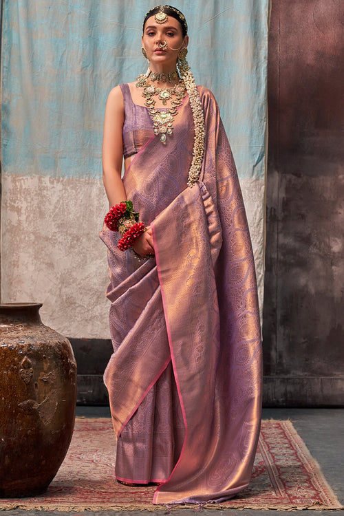 Load image into Gallery viewer, Sempiternal Lavender Kanjivaram Silk Saree With Snazzy Blouse Piece
