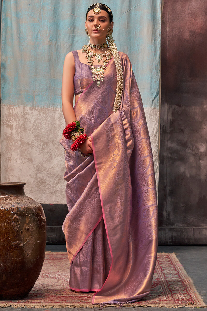 Sempiternal Lavender Kanjivaram Silk Saree With Snazzy Blouse Piece