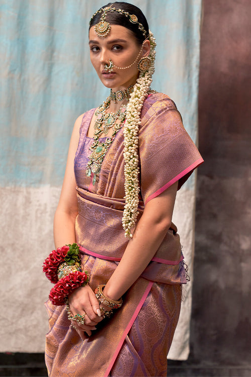 Load image into Gallery viewer, Sempiternal Lavender Kanjivaram Silk Saree With Snazzy Blouse Piece
