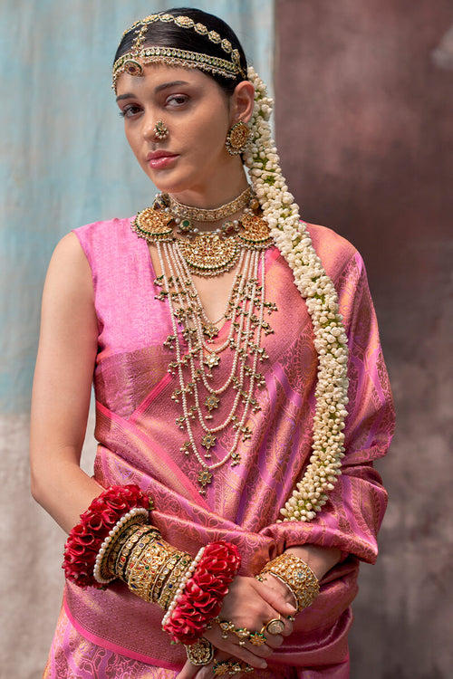 Load image into Gallery viewer, Dissemble Pink Kanjivaram Silk Saree With Ephemeral Blouse Piece
