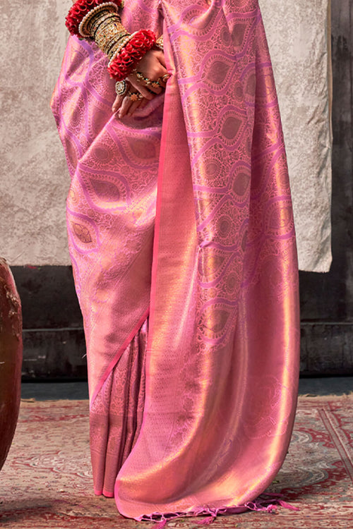 Load image into Gallery viewer, Dissemble Pink Kanjivaram Silk Saree With Ephemeral Blouse Piece
