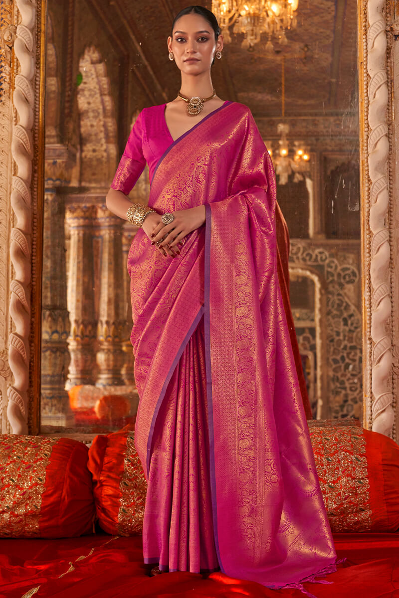 Glorious Dark Pink Kanjivaram Silk Saree With Stunner Blouse Piece