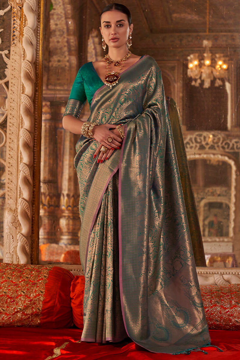 Staring Rama Kanjivaram Silk Saree With Divine Blouse Piece