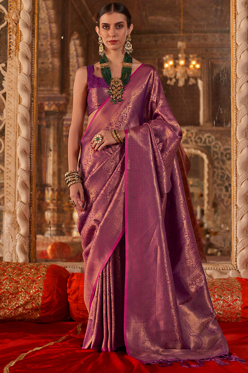 Outstanding Purple Kanjivaram Silk Saree With Devastating Blouse Piece