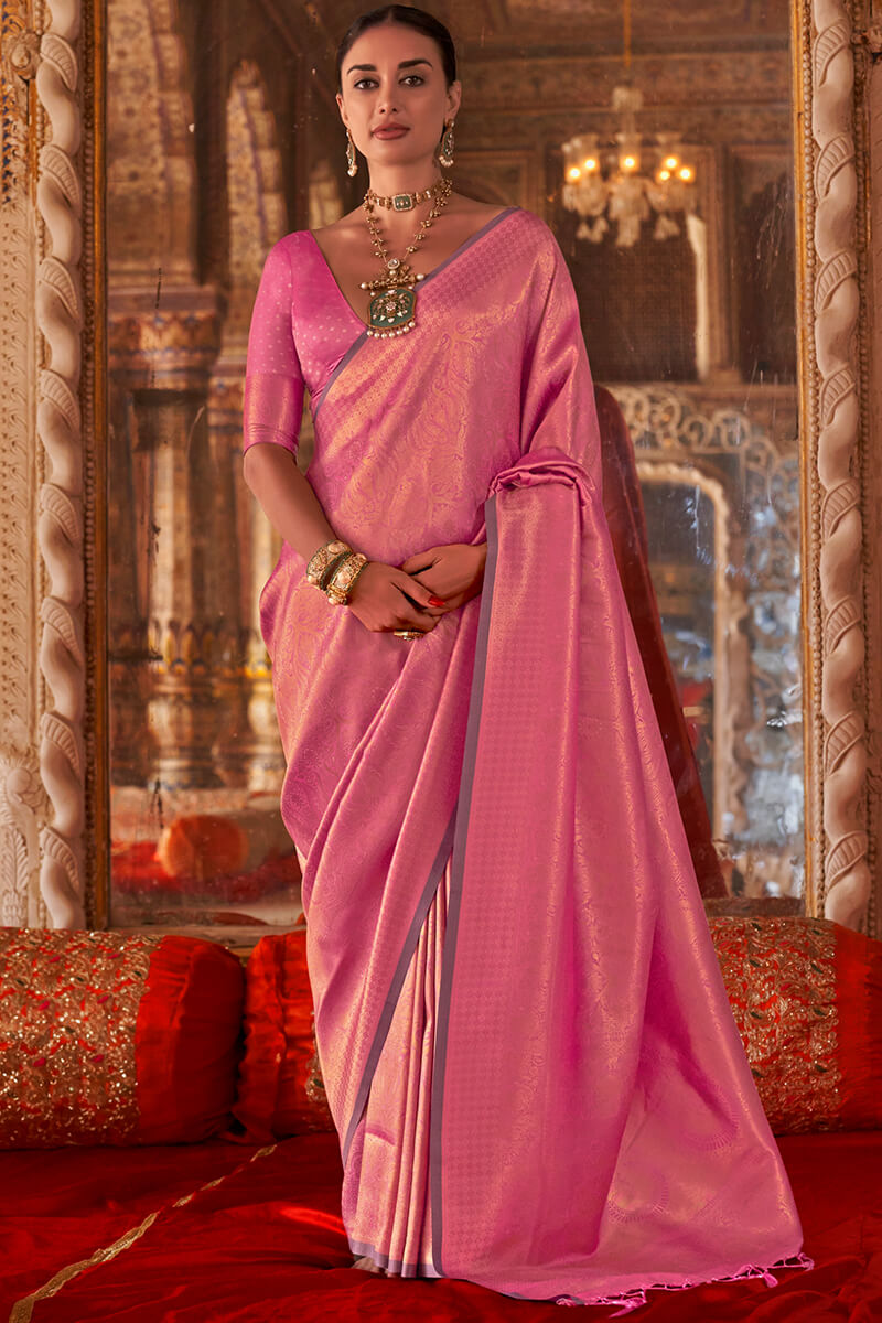 Prodigal Pink Kanjivaram Silk Saree With Fairytale Blouse Piece