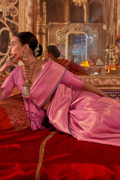Prodigal Pink Kanjivaram Silk Saree With Fairytale Blouse Piece