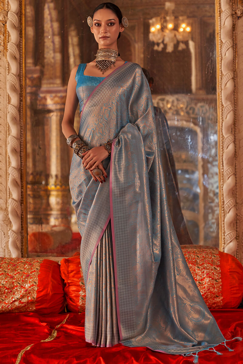 Sempiternal Firozi Kanjivaram Silk Saree With Vestigial Blouse Piece