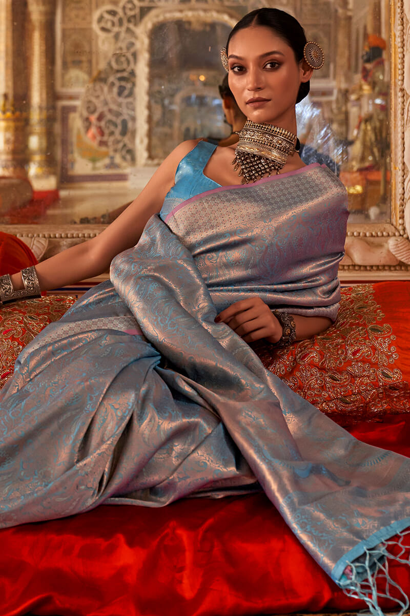 Sempiternal Firozi Kanjivaram Silk Saree With Vestigial Blouse Piece