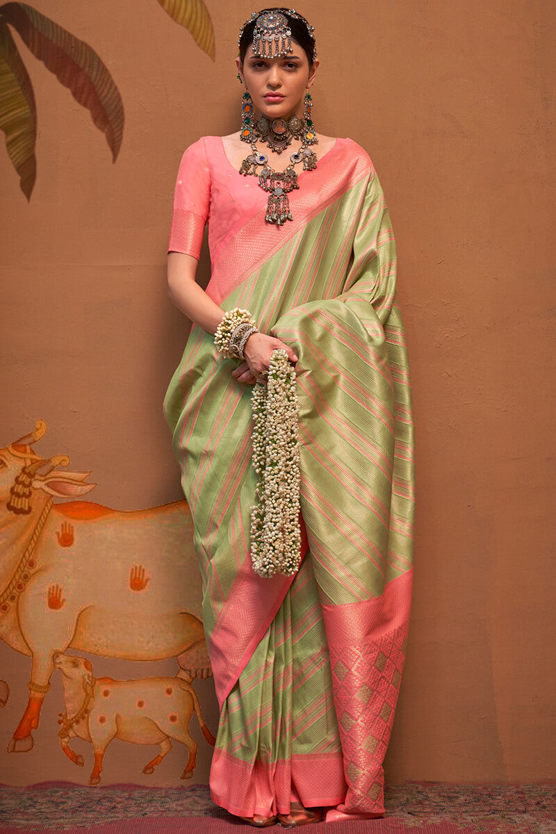 Fantabulous Pista Soft Banarasi Silk Saree With Nemesis Blouse Piece