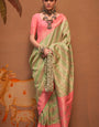 Fantabulous Pista Soft Banarasi Silk Saree With Nemesis Blouse Piece