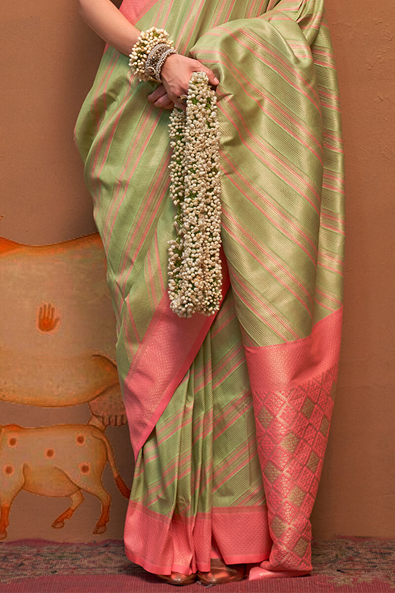 Fantabulous Pista Soft Banarasi Silk Saree With Nemesis Blouse Piece