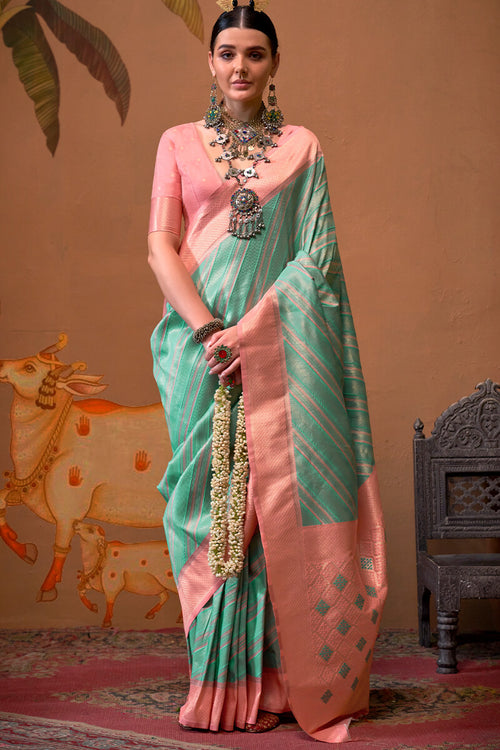 Load image into Gallery viewer, Luxuriant Sea Green Soft Banarasi Silk Saree With Tremendous Blouse Piece
