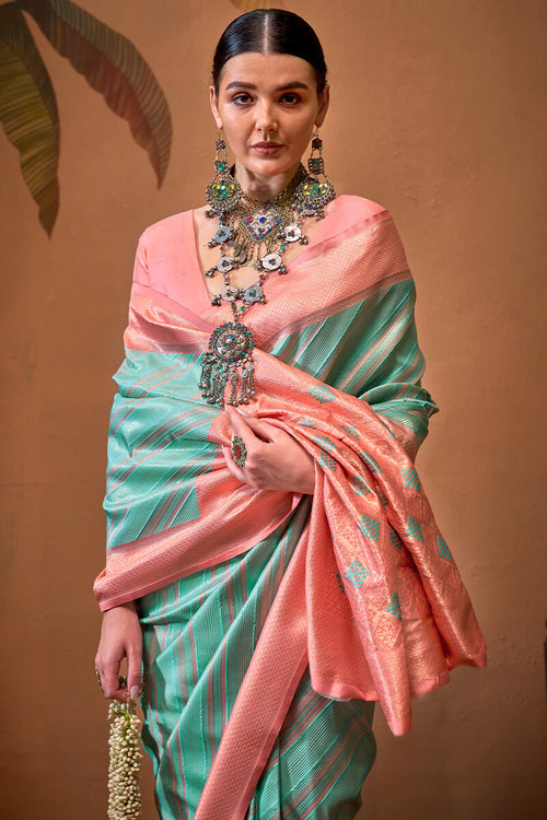 Load image into Gallery viewer, Luxuriant Sea Green Soft Banarasi Silk Saree With Tremendous Blouse Piece
