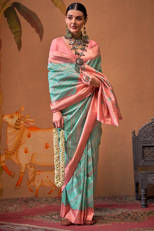 Load image into Gallery viewer, Luxuriant Sea Green Soft Banarasi Silk Saree With Tremendous Blouse Piece
