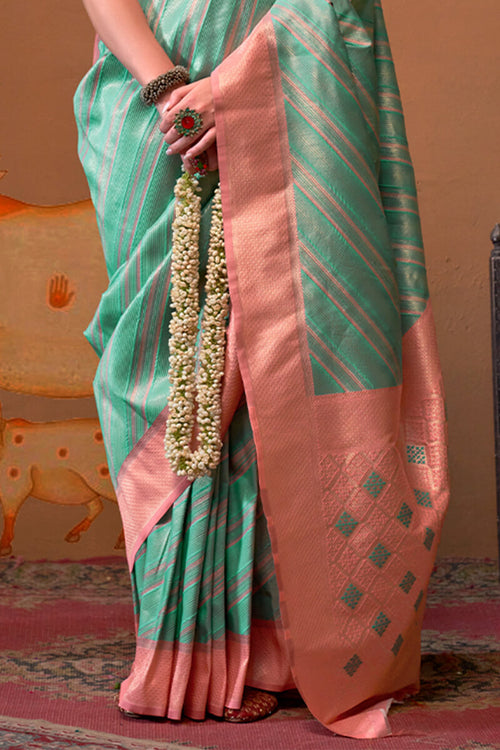 Load image into Gallery viewer, Luxuriant Sea Green Soft Banarasi Silk Saree With Tremendous Blouse Piece
