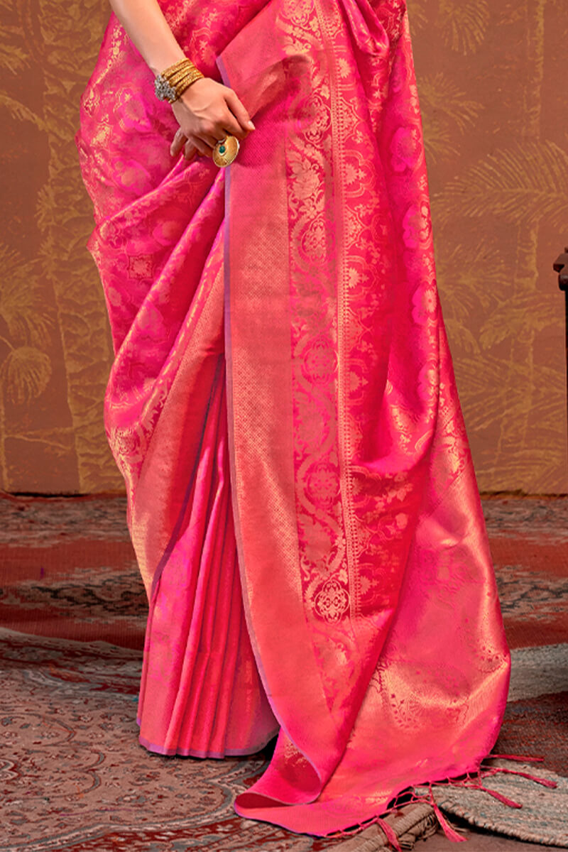 Trendy Dark Pink Kanjivaram Silk Saree With Flattering Blouse Piece