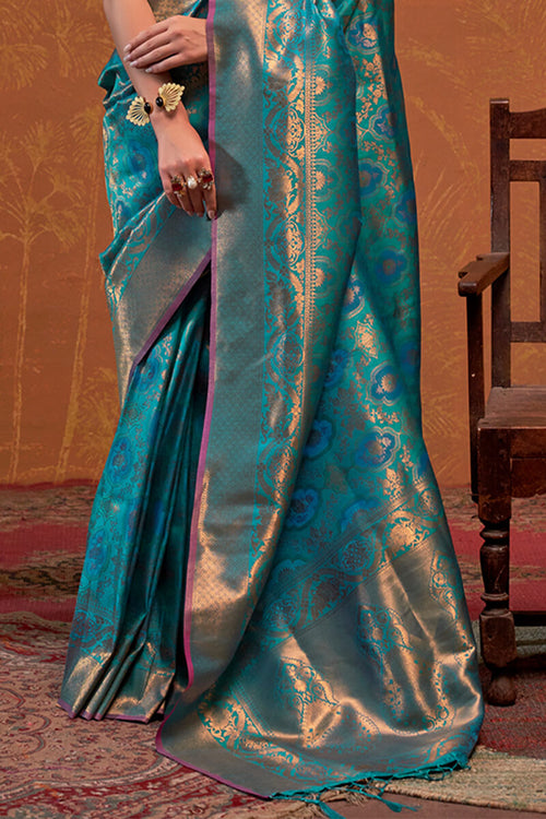 Load image into Gallery viewer, Precious Firozi Kanjivaram Silk Saree With Gleaming Blouse Piece
