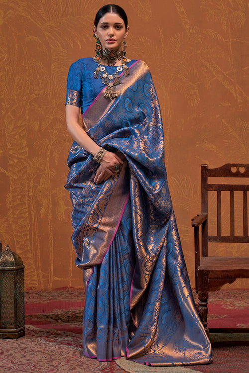 Load image into Gallery viewer, Dazzling Navy Blue Kanjivaram Silk Saree With Deserving Blouse Piece
