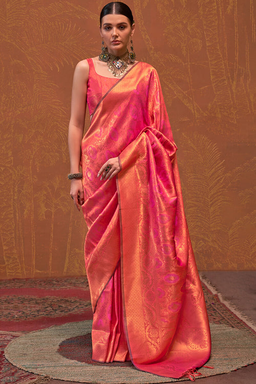 Load image into Gallery viewer, Intricate Pink Kanjivaram Silk Saree With Smart Blouse Piece
