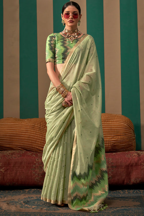 Load image into Gallery viewer, Engaging Pista Cotton Silk Saree With Transcendent Blouse Piece
