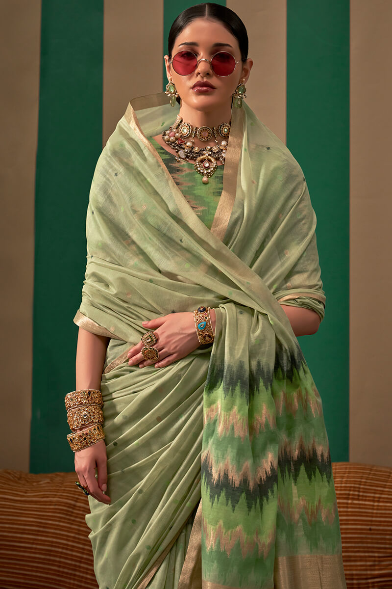 Engaging Pista Cotton Silk Saree With Transcendent Blouse Piece