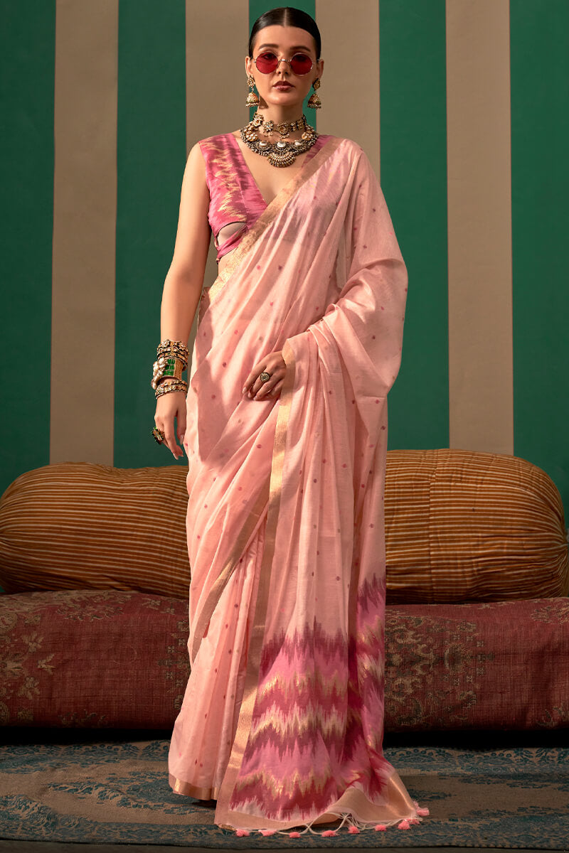 Seraphic Baby Pink Cotton Silk Saree With Beguiling Blouse Piece