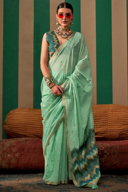 Load image into Gallery viewer, Alluring Sea Green Cotton Silk Saree With Incomparable Blouse Piece
