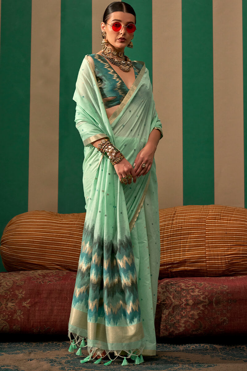 Alluring Sea Green Cotton Silk Saree With Incomparable Blouse Piece