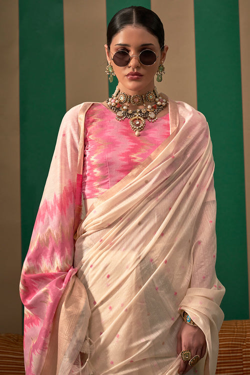 Load image into Gallery viewer, Snappy Beige Cotton Silk Saree With Confounding Blouse Piece
