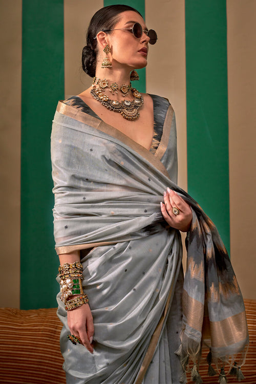 Load image into Gallery viewer, Serendipity Grey Cotton Silk Saree With Palimpsest Blouse Piece
