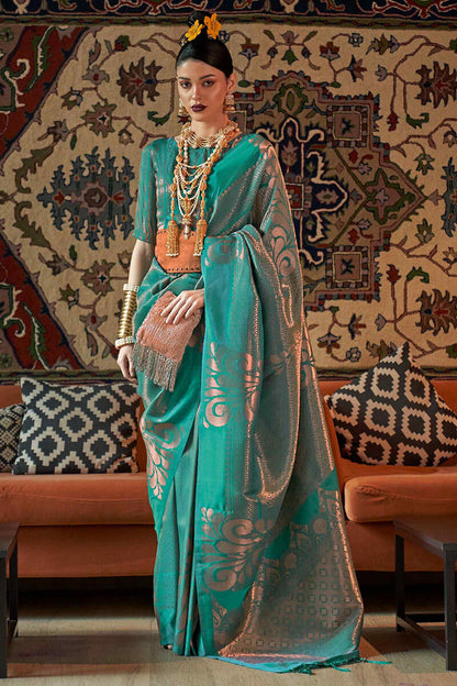 Classy Rama Kanjivaram Silk Saree With Adorning Blouse Piece