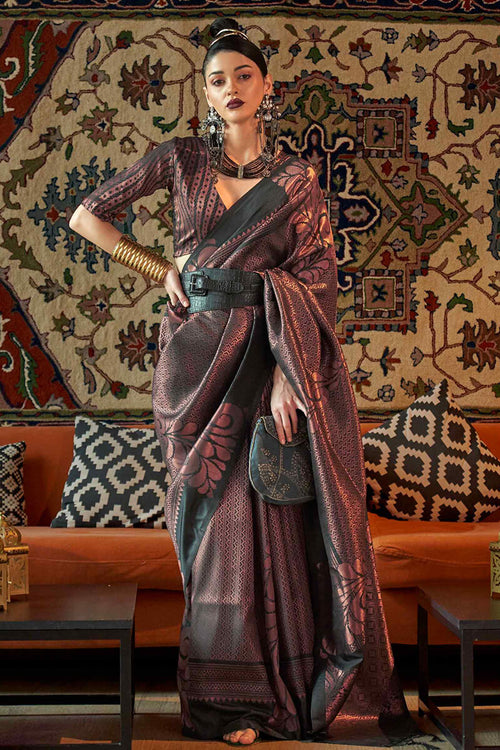 Load image into Gallery viewer, Angelic Black Kanjivaram Silk Saree With Enticing Blouse Piece
