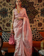 Diaphanous Baby Pink Kanjivaram Silk Saree With Moiety Blouse Piece