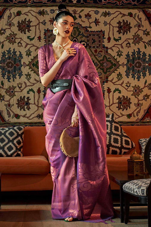 Load image into Gallery viewer, Desuetude Purple Kanjivaram Silk Saree With Ailurophile Blouse Piece
