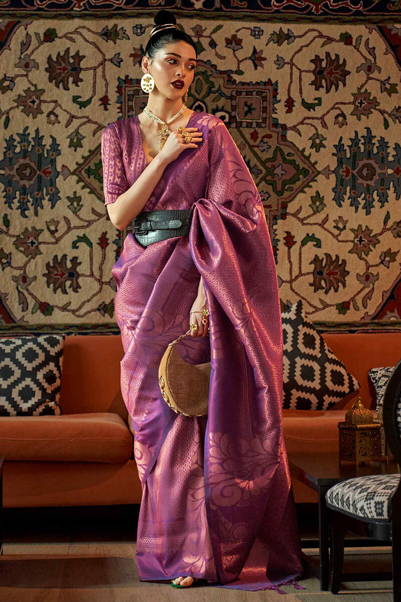 Desuetude Purple Kanjivaram Silk Saree With Ailurophile Blouse Piece