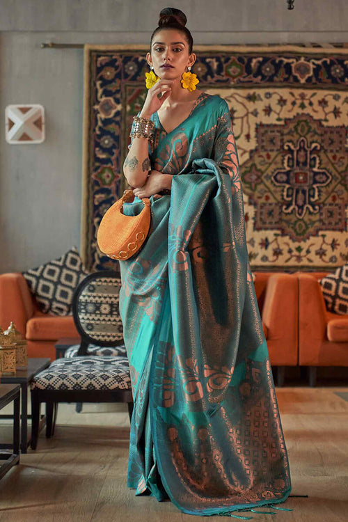Load image into Gallery viewer, Traditional Turquoise Kanjivaram Silk Saree With Fairytale Blouse Piece
