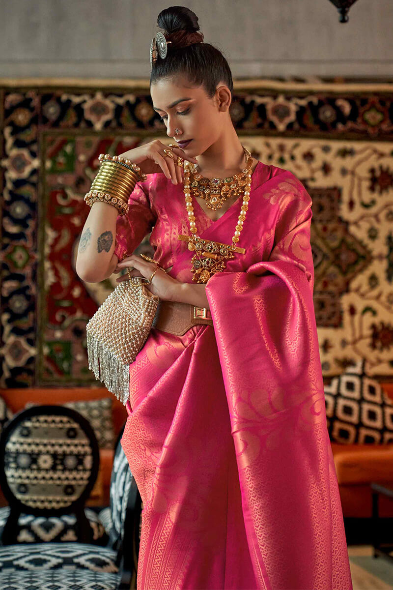 Impressive Dark Pink Kanjivaram Silk Saree With Invaluable Blouse Piece