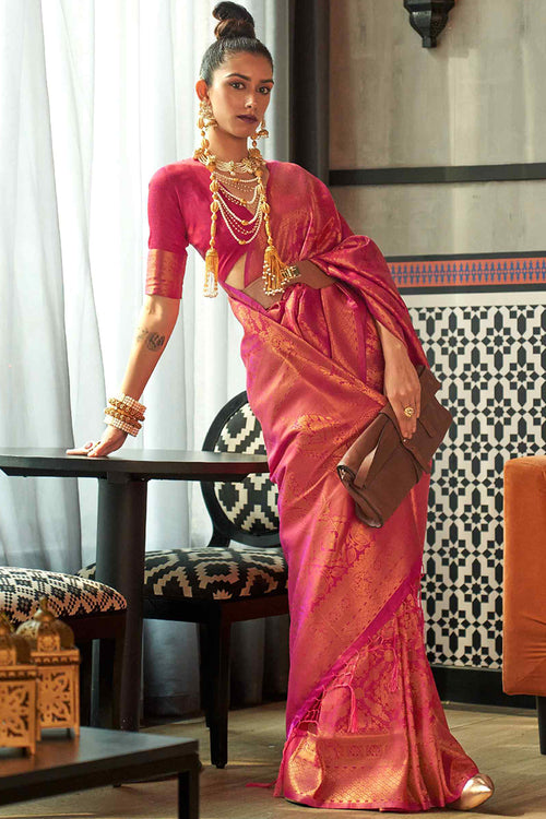 Load image into Gallery viewer, Glowing Dark Pink Kanjivaram Silk Saree With Capricious Blouse Piece
