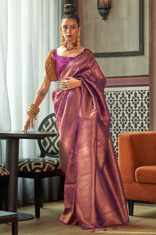 Load image into Gallery viewer, Pretty Purple Kanjivaram Silk Saree With Smart Blouse Piece
