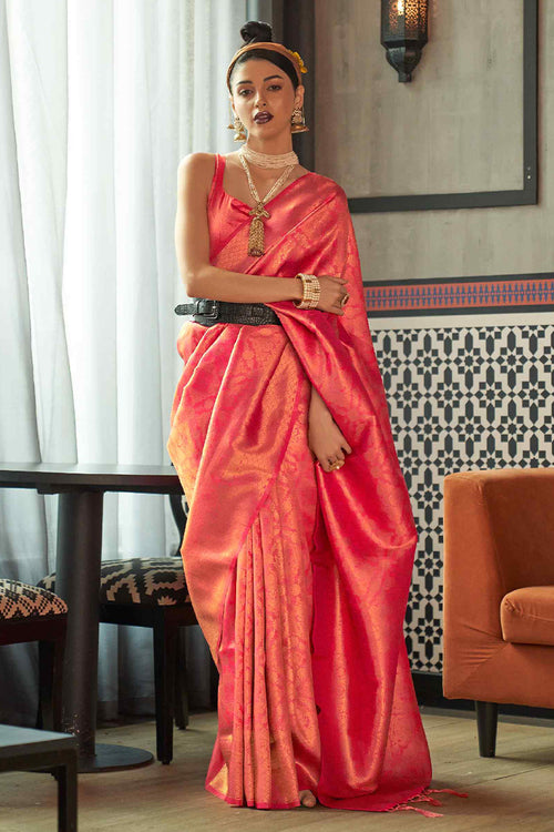 Load image into Gallery viewer, Pleasant Pink Kanjivaram Silk Saree With Bewitching Blouse Piece
