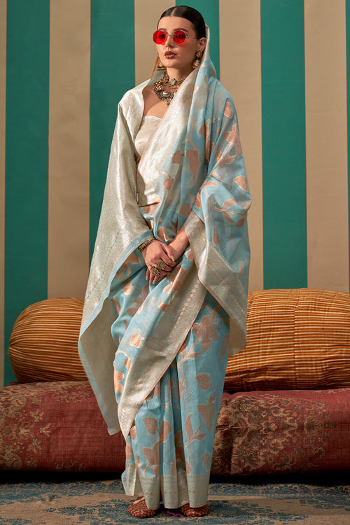 Load image into Gallery viewer, Lagniappe Sky Cotton Silk Saree With Pleasurable Blouse Piece
