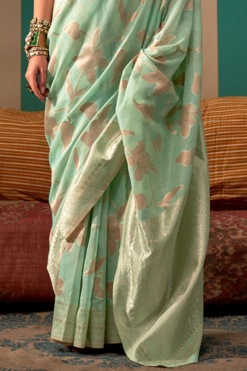 Embellished Pista Cotton Silk Saree With Whimsical Blouse Piece