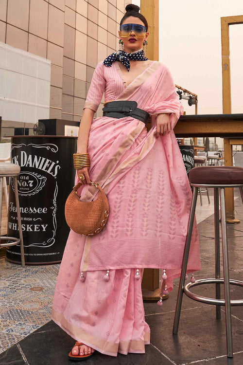 Load image into Gallery viewer, Murmurous Baby Pink Cotton Silk Saree With Gratifying Blouse Piece
