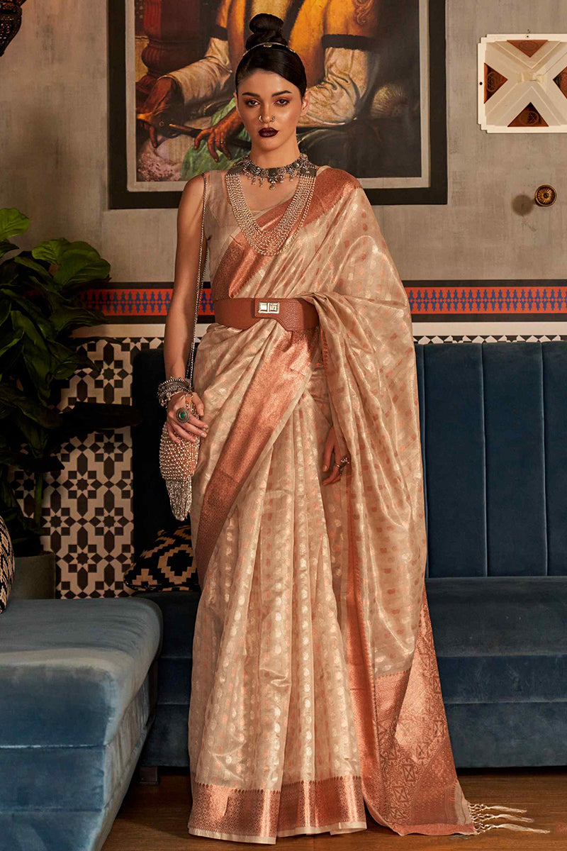 Smart Beige Soft Banarasi Silk Saree With Entrancing Blouse Piece