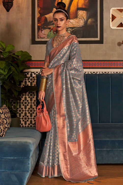 Load image into Gallery viewer, Brood Grey Soft Banarasi Silk Saree With Mellifluous Blouse Piece
