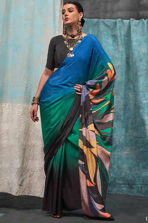 Load image into Gallery viewer, Conflate Green and Blue Digital Printed Crape Silk Saree With Groovy Blouse Piece
