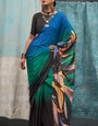 Conflate Green and Blue Digital Printed Crape Silk Saree With Groovy Blouse Piece