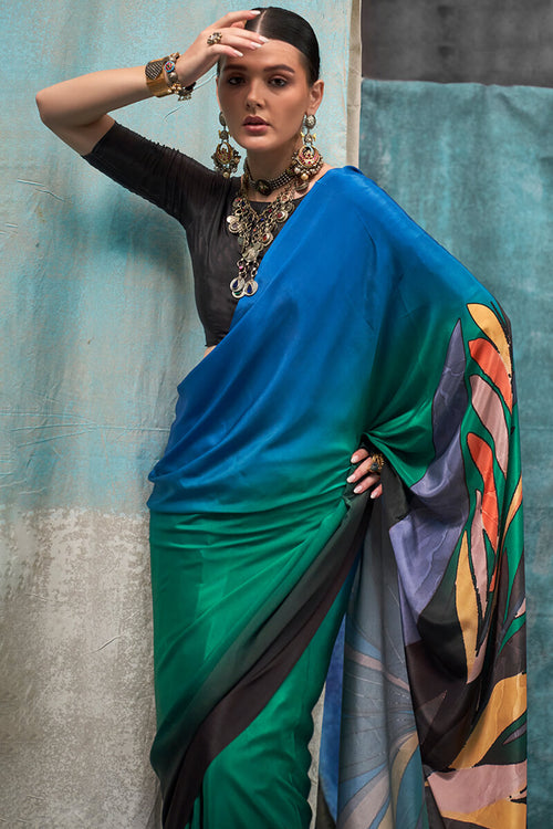 Load image into Gallery viewer, Conflate Green and Blue Digital Printed Crape Silk Saree With Groovy Blouse Piece
