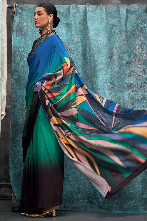 Load image into Gallery viewer, Conflate Green and Blue Digital Printed Crape Silk Saree With Groovy Blouse Piece
