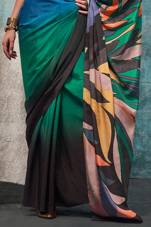 Load image into Gallery viewer, Conflate Green and Blue Digital Printed Crape Silk Saree With Groovy Blouse Piece
